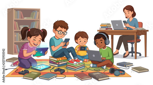 Illustration of children and a teacher using laptops and reading books in a classroom setting with a colorful rug and educational materials.