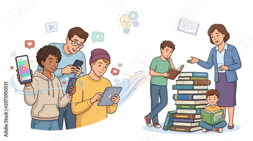Illustration of diverse people interacting with digital devices and books in a colorful, educational setting with a mix of technology and learning.
