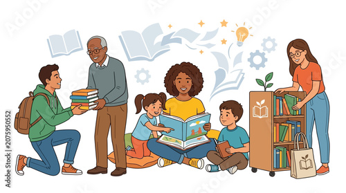 Illustration of diverse people of various ages exchanging and reading books in a colorful, educational setting with a creative and collaborative mood.