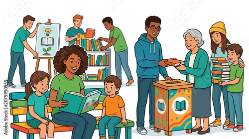 Illustration of a diverse group of people exchanging books and reading together in a community setting with a colorful atmosphere.