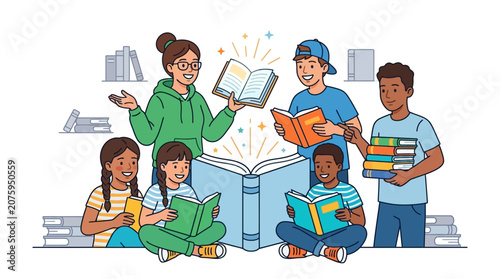 Diverse group of children and a woman reading books together in a casual setting with colorful books and a joyful mood.