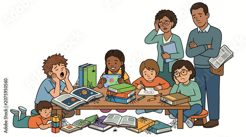 A diverse family of seven sitting and lying around a table filled with books and papers in a cluttered yet cozy home setting with a warm and relaxed mood.