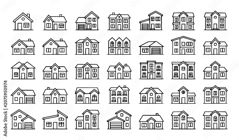 Fototapeta premium Neighborhood House Outline Icon Set with Residential Building Vector Illustrations