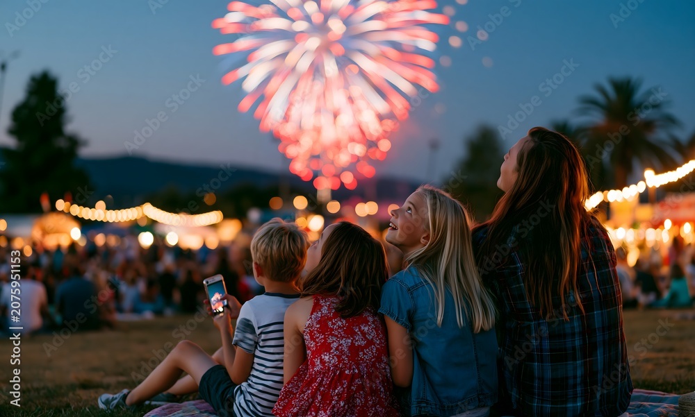 Fototapeta premium Family of five watching a Fourth of July fireworks show in Stumptown Park in Matthews
