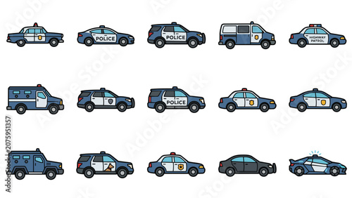 Tableau sur toile Diverse collection of police vehicle and patrol car icons