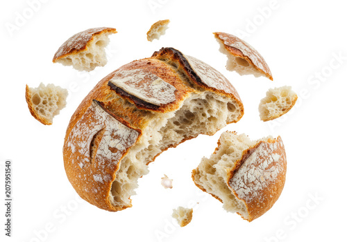 Freshly baked, golden-brown sourdough loaf shattering mid-air, flour-dusted crispy crust, airy crumb, irregular holes, transparent background, copy space. Dynamic bakery concept