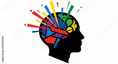 Abstract colorful explosion of ideas and thoughts in a human head silhouette.