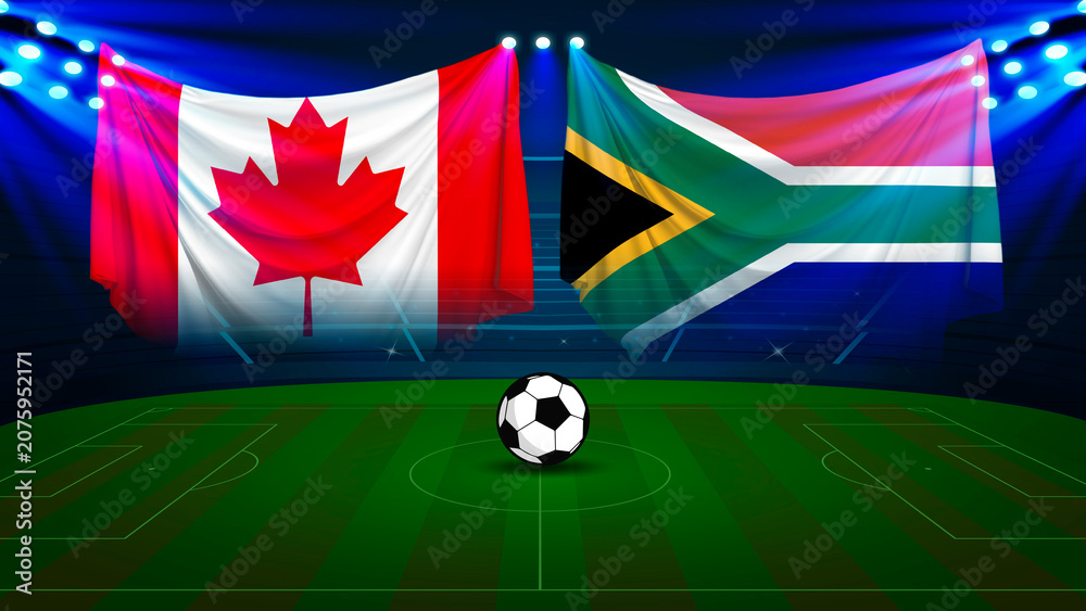 Fototapeta premium Canadian and South African flags hanging on soccer stadium with ball