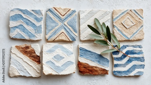 a collection of eight handmade, square ceramic tiles with textured surfaces, decorated in shades of blue, white, and terracotta, with an olive branch resting on top.