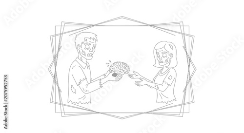 Zombie couple sharing a brain, illustration, concept of love, sharing, and zombie apocalypse
