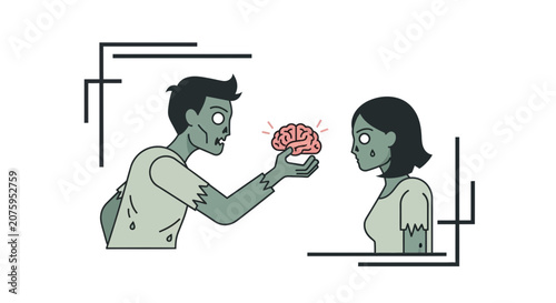 Zombie couple sharing a brain, concept of love and hunger, funny illustration