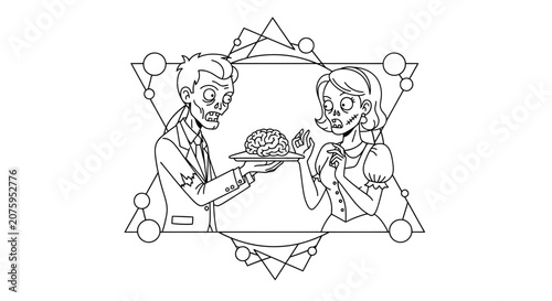 Zombie Couple Sharing Brains with Geometric Background