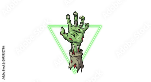 Zombie Hand Emerging from Ground with Neon Triangle - Horror Concept