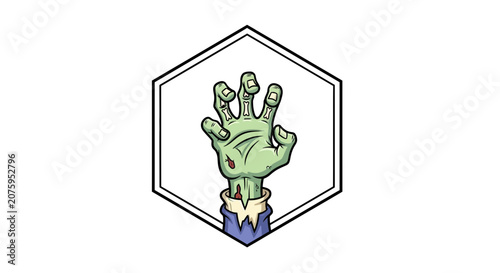 Zombie Hand Emerging from Hexagon Frame, Spooky Halloween Horror Icon
