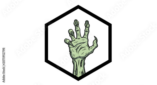 Zombie Hand Emerging from Hexagon Frame, Spooky Halloween Horror Concept