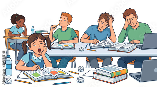 Foto A group of bored students sitting at a desk in a classroom with books and a laptop on a white background