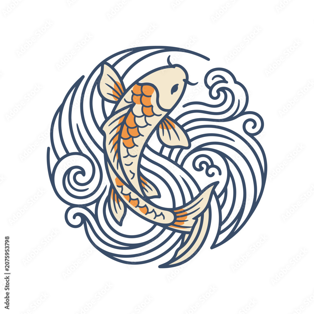 Obraz premium Stylized Japanese Koi Fish Illustration in Circular Wave Pattern.