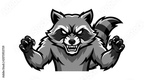 Fotografie Aggressive Raccoon Mascot Illustration in Grayscale Style.