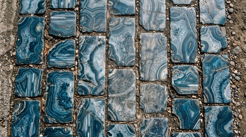 Abstract Agate Paving Stones: A detailed overhead view of a pathway paved with rectangular agate stone tiles.