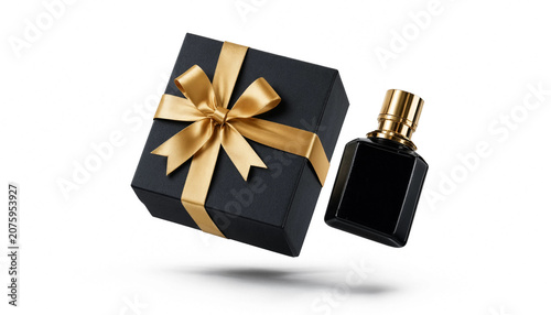 Black perfume bottle with gold ribbon gift wrap