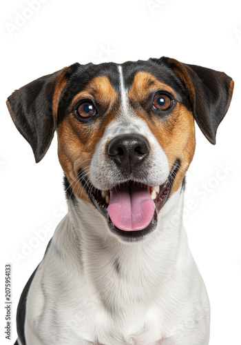 A joyful tricolor Beagle Jack Russell mix dog smiling widely, pink tongue extended, bright brown eyes, sharp focus, against a transparent studio background. Concept of pet happiness and