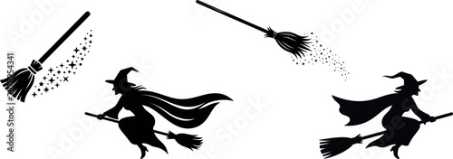 Obraz na plátně Halloween witches on broomsticks flying silhouettes