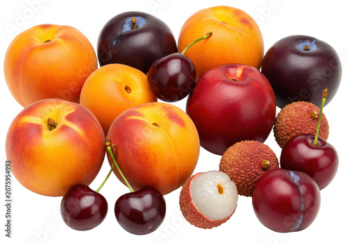 Vibrant ripe peaches, plums, apricots, cherries, nectarines, lychees scattered on transparent background, copy space, sharp focus. Natural abundance concept