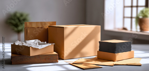 Neutral toned cardboard boxes and packaging materials arranged in a bright indoor workspace for shipping
