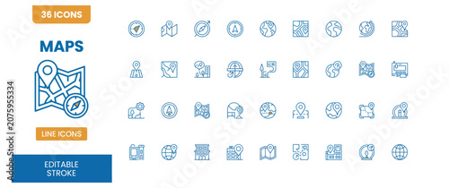 Εκτύπωση καμβά Set of thirty six map and navigation line icons featuring location tracking and