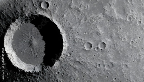Detailed close-up view of moon craters on the surface during the August full moon supermoon event, presenting an astronomical exploration concept with dramatic shadows