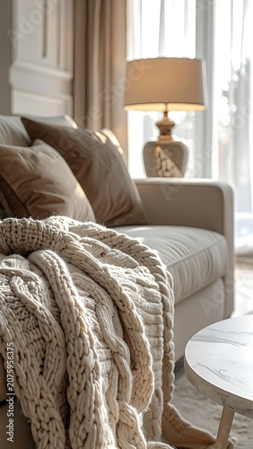 Cozy living room with sofa and lamp.