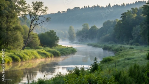 Misty River Flowing Through Lush Green Forest at Sunrise