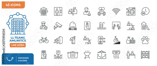 Φωτογραφία Comprehensive collection of forty-five building amenity line icons for modern hotel facilities