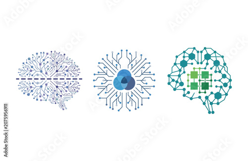 Set of Three Digital Artificial Intelligence Brain Concept Vector Illustrations for Tech Innovation