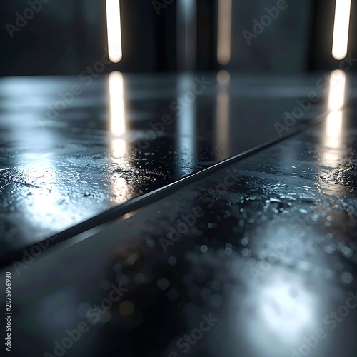 Dark room with reflective wet floor.