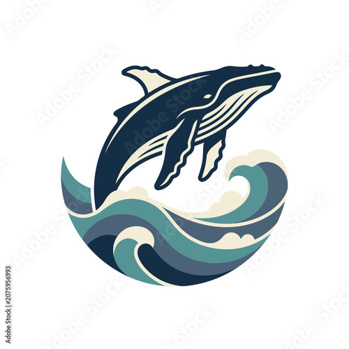Bilde på lerret Stylized humpback whale jumping out of ocean waves illustration.