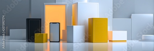 Modern smartphone showcased between vibrant packaging and minimalist geometric lighting display