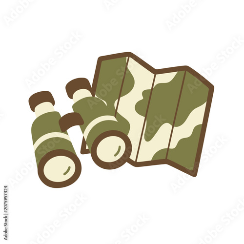 Photos Cartoon Illustration of Camouflage Binoculars and Folded Map.