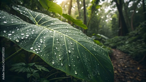 Large Tropical Green Leaf with Rain Drops in Lush Rainforest at Sunrise
