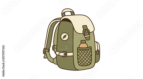 Vintage style illustration of a camping hiking backpack with a water bottle.