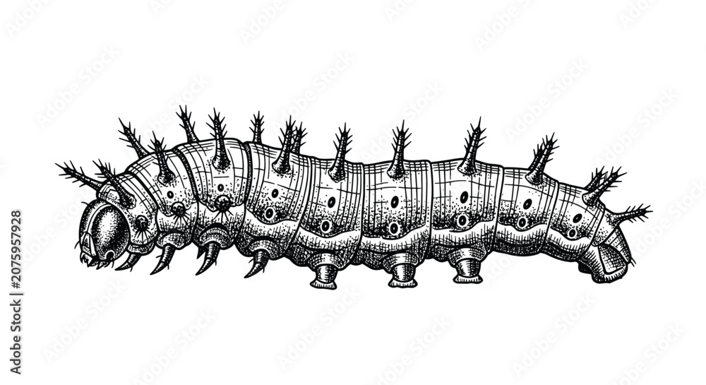 Obraz premium Intricate vintage engraving of a spiky caterpillar showing detailed segments and tiny hairs on a clean white background.