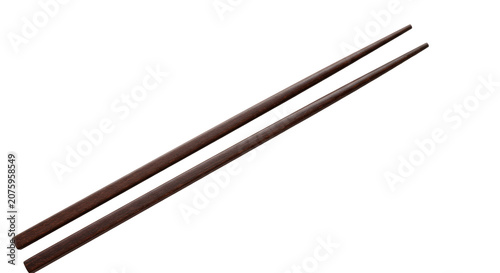 Pair of elegant dark brown bamboo chopsticks with natural wood grain, polished smooth, diagonally on a seamless transparent background with copy space, high-end product photography, concept of Asian