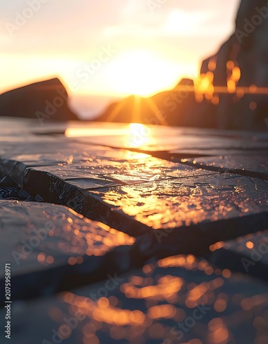 Golden sunrise over serene water edge.