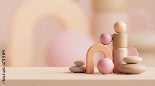 Soothing 3D balanced geometric shapes with pastel pink copy space