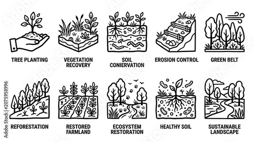 Foto Soil Conservation and Ecosystem Restoration Outline Icon Vector Set