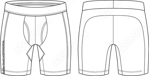 Obraz na plátně Technical flat sketch of fitted shorts with contoured pouch, gusset seam, curved