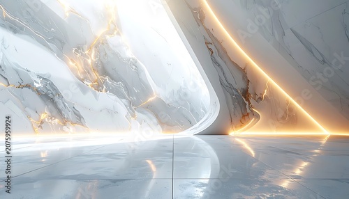 Marble interior design with glowing lights.