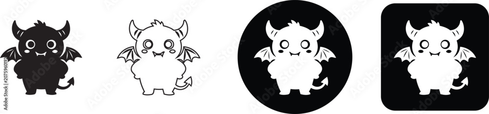 Fototapeta premium Cute little devil monster character icon set with wings and horns