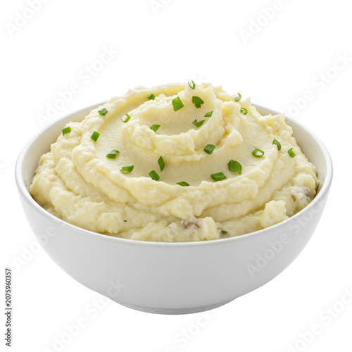 Generous, creamy, fluffy, visibly cheesy mashed potatoes garnished with fresh herbs in a white bowl, transparent background, copy space, appetizing homemade comfort food concept