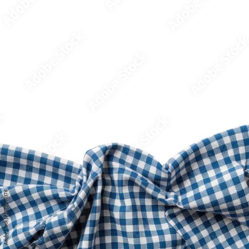 Photorealistic blue and white gingham cotton tablecloth, softly draped with subtle woven texture, framing a transparent background with copy space, concept of rustic charm